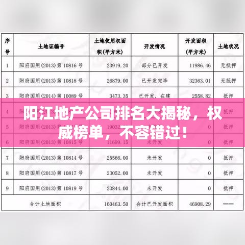 阳江地产公司排名大揭秘，权威榜单，不容错过！