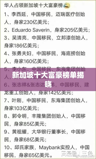 新加坡十大富豪榜单揭晓