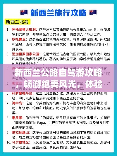 新西兰公路自驾游攻略，畅游绝美风光，体验独特文化